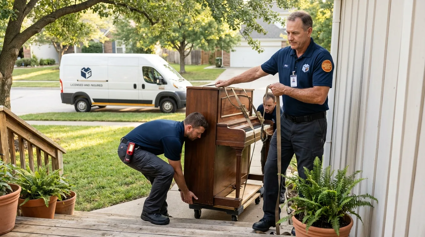 Licensed piano movers securing grand piano in Goose Creek, SC