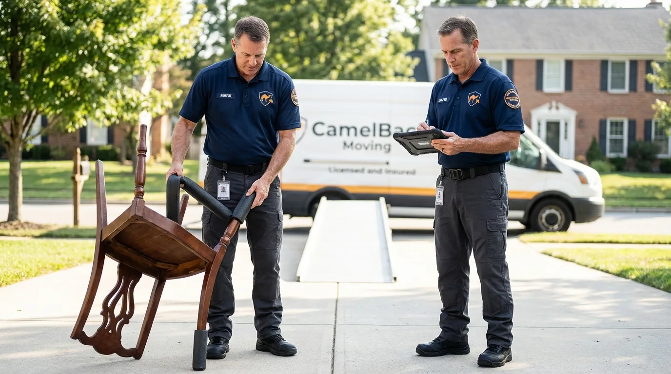 Movers inspecting furniture for damage prevention before loading in Goose Creek, SC