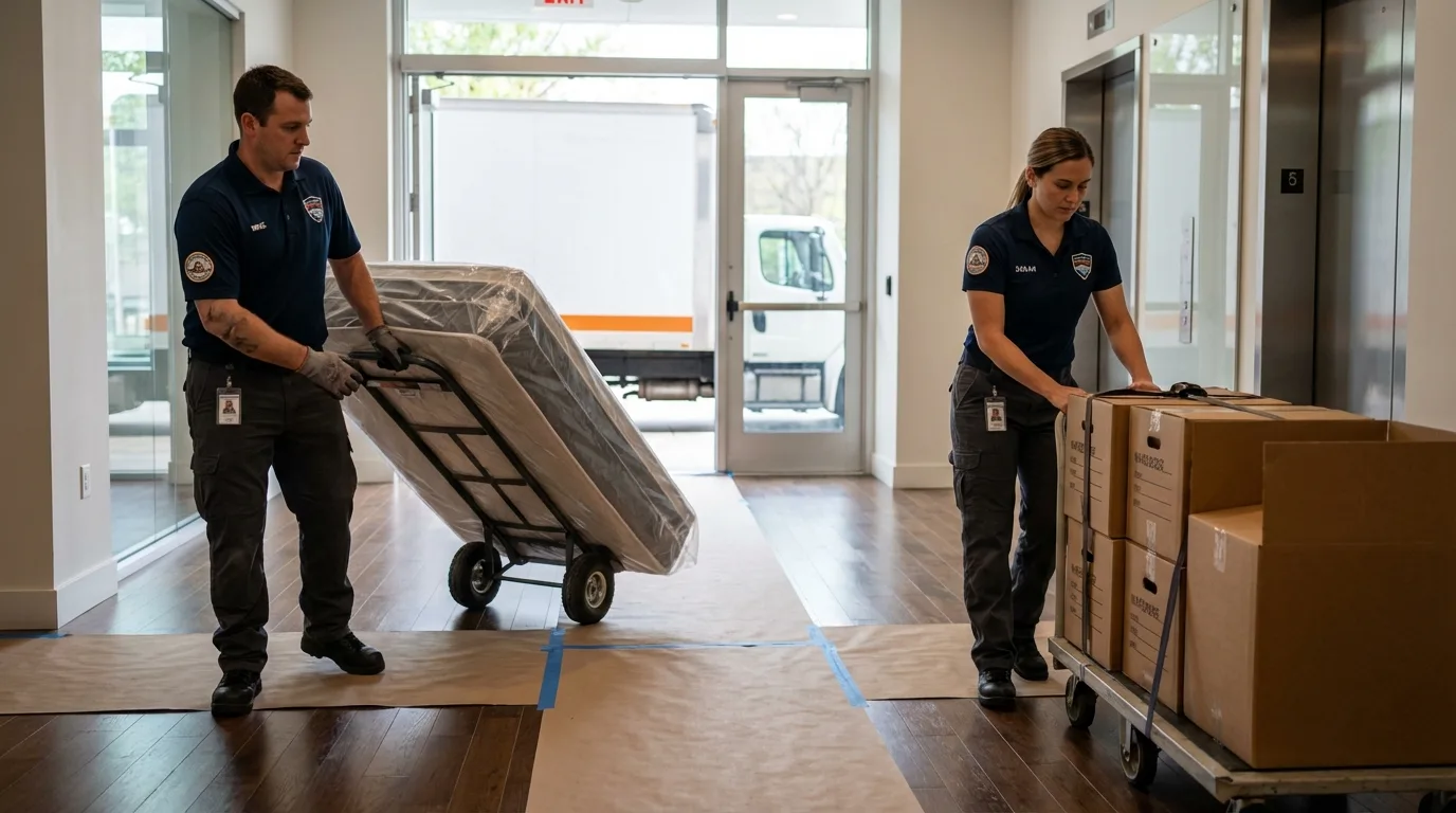 Professional apartment movers loading elevator in Goose Creek, SC