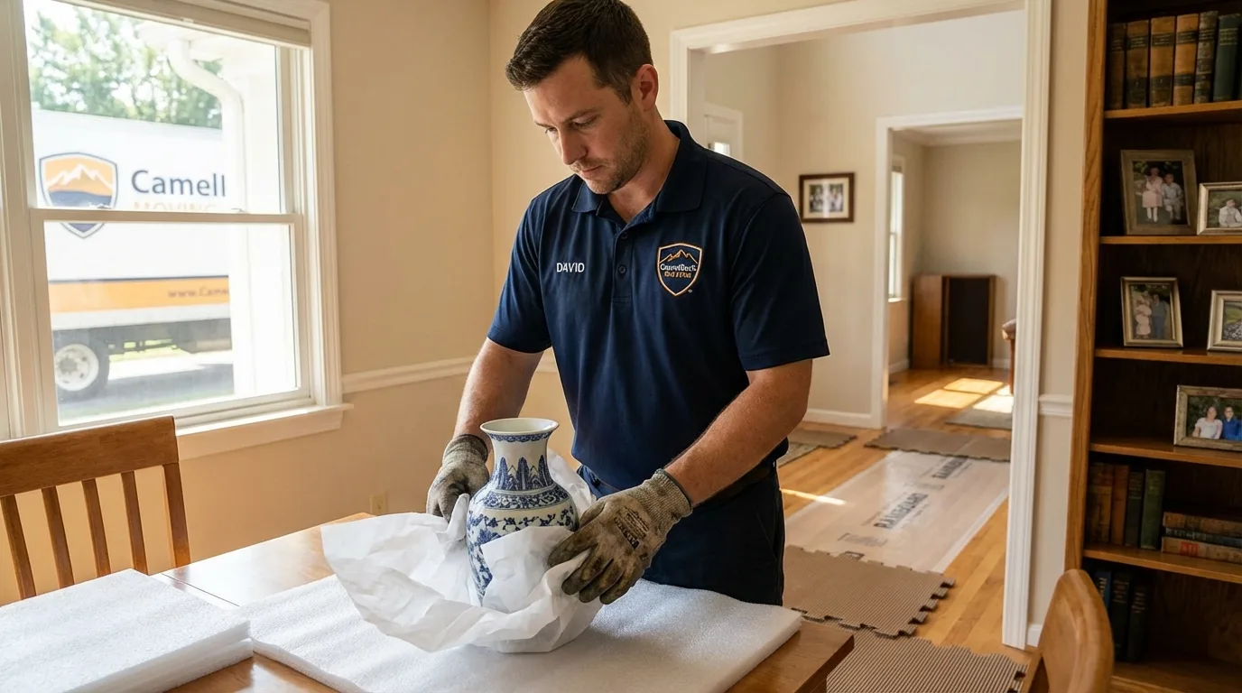 Professional crew carefully wrapping antique vase for senior downsizing move in Goose Creek, SC